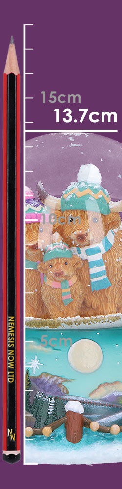 Winter Highland Cow snow globe by Nemesis Now featuring a Highland cow figurine inside a glass globe, 13.7cm tall.