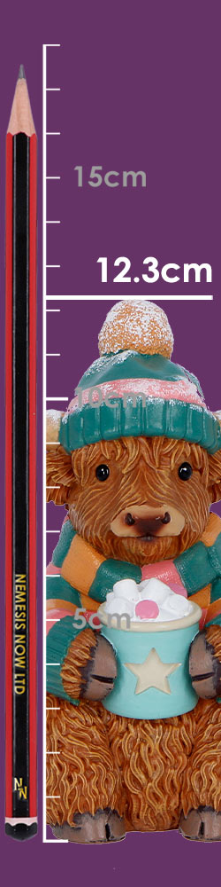 Winter Highland Cow Hot Cocoa figurine by Nemesis Now, 12.3cm, detailed Highland cow holding a hot cocoa mug.