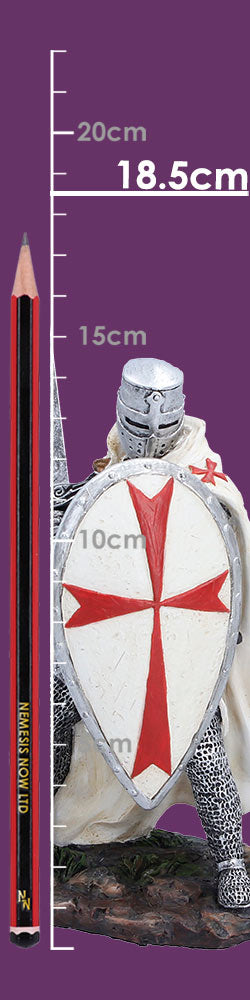 Nemesis Now Knight Templar figurine, 18.5cm tall, detailed sculpture of a medieval knight in armor standing with sword and shield.