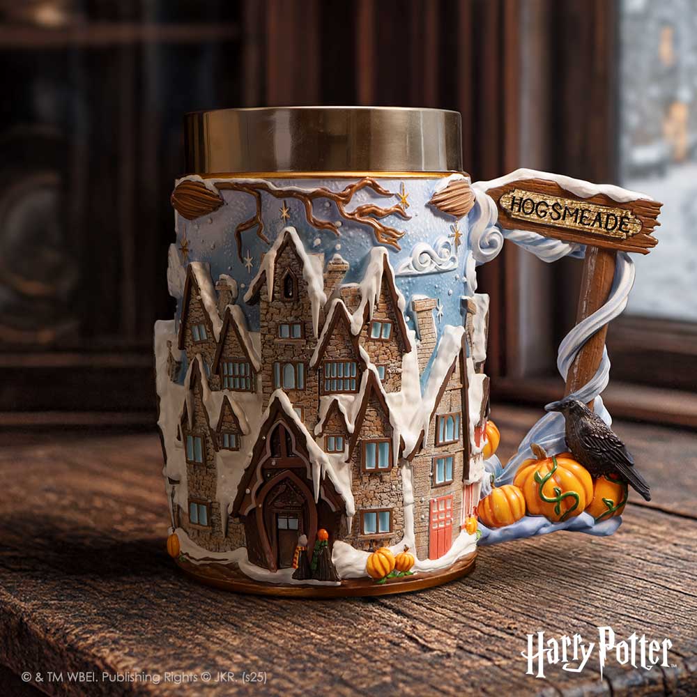 Harry Potter Hogsmeade Village collectible tankard by Nemesis Now, 15.7cm tall, featuring detailed wizarding village artwork.