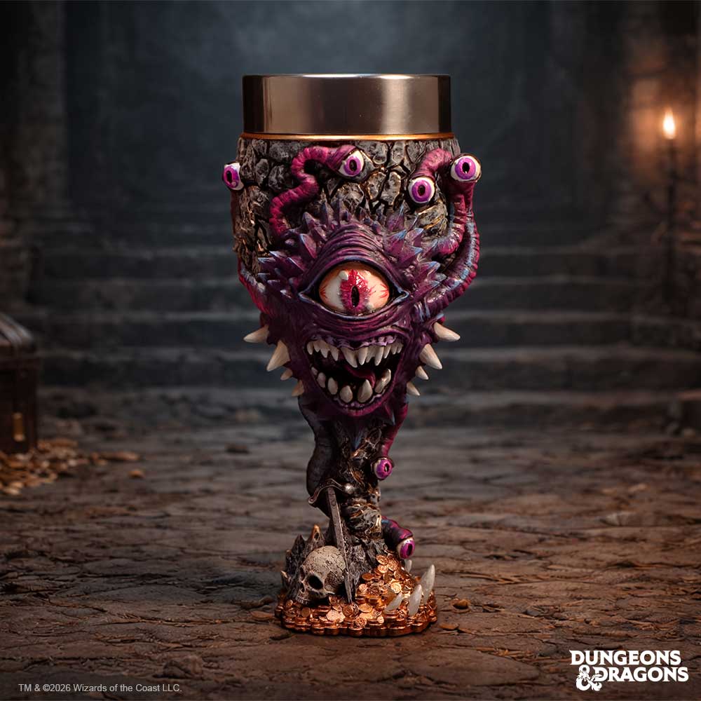 Dungeons & Dragons Beholder goblet figurine by Nemesis Now, showing a detailed 19.5cm fantasy creature with multiple eyes and tentacles.