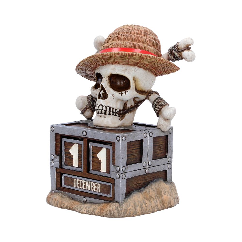 Nemesis Now One Piece Luffy Jolly Roger perpetual calendar, 15.8cm tall, featuring pirate emblem design and intricate details.