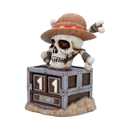 Nemesis Now One Piece Luffy Jolly Roger perpetual calendar, 15.8cm tall, featuring pirate emblem design and intricate details.