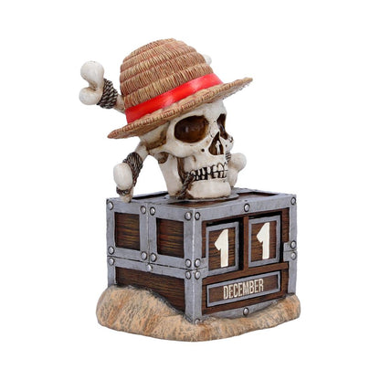 Nemesis Now One Piece Luffy Jolly Roger perpetual calendar, 15.8cm tall, featuring pirate symbol and detailed design.
