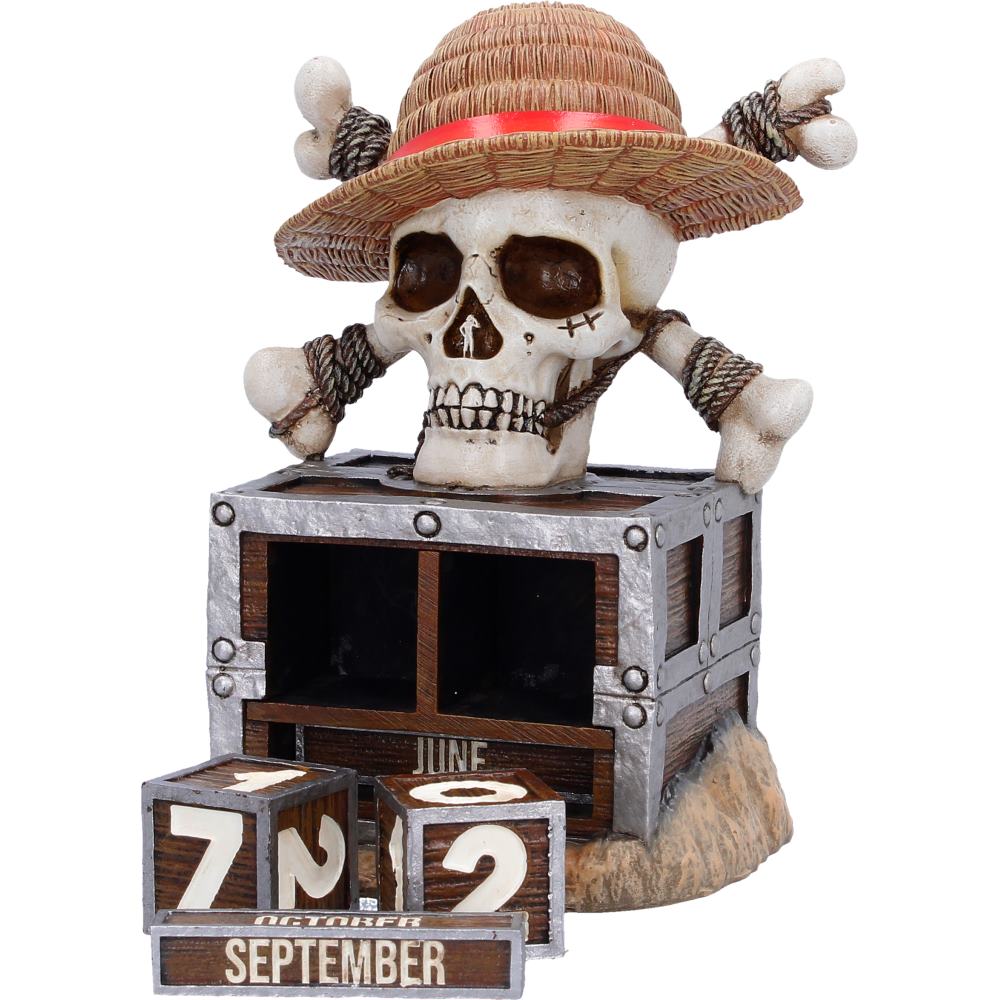 Nemesis Now One Piece Luffy Jolly Roger perpetual calendar, 15.8cm tall, featuring pirate logo and detailed design.