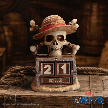 One Piece Luffy Jolly Roger perpetual calendar by Nemesis Now, featuring detailed pirate emblem design, measuring 15.8cm.