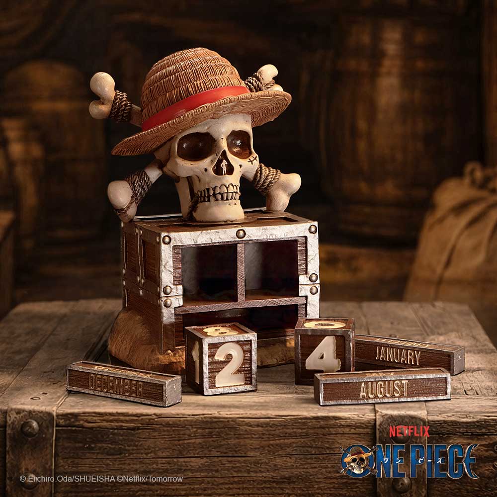 One Piece Luffy Jolly Roger perpetual calendar by Nemesis Now, 15.8cm tall, featuring a detailed Luffy Jolly Roger design.