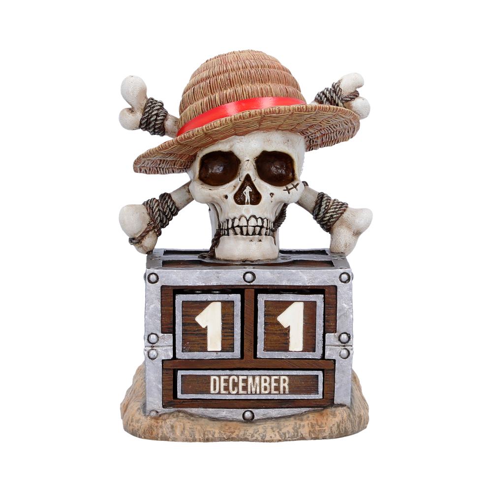 Nemesis Now One Piece Luffy Jolly Roger perpetual calendar, 15.8cm, featuring pirate-themed design and detailed artwork.