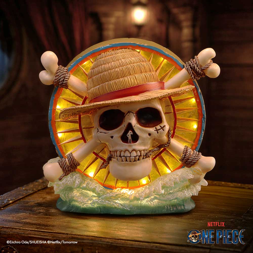 Nemesis Now One Piece Luffy Jolly Roger LED lamp, 20.2cm tall, featuring a pirate flag design and vibrant LED lighting.