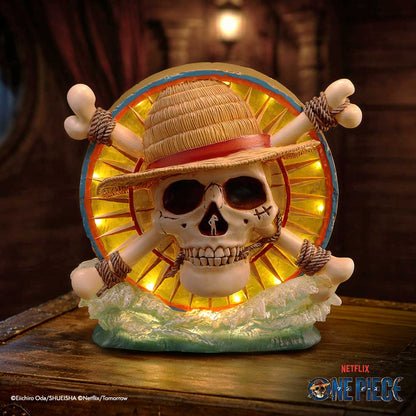 Nemesis Now One Piece Luffy Jolly Roger LED lamp, 20.2cm tall, featuring a pirate flag design and vibrant LED lighting.