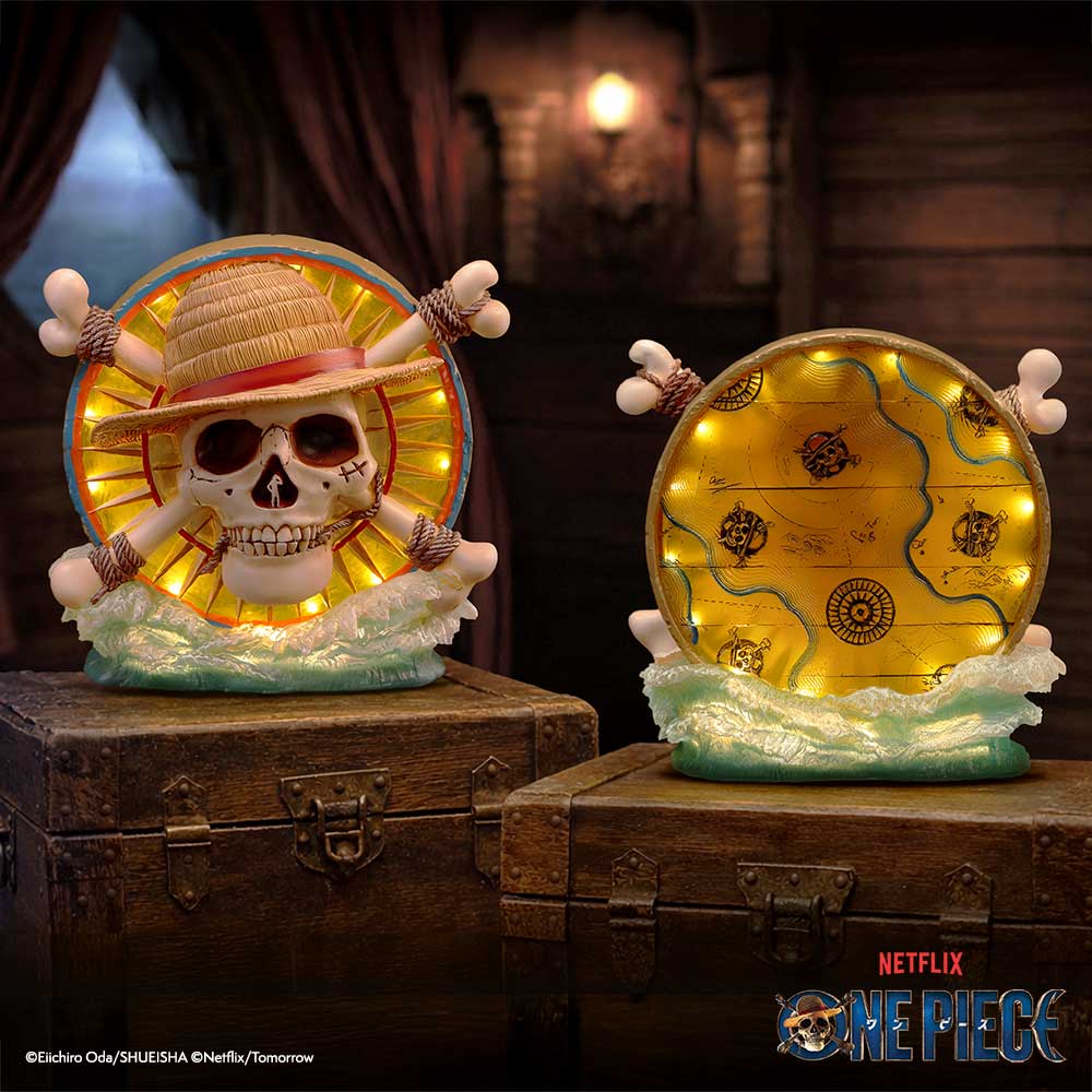 Nemesis Now One Piece Luffy Jolly Roger LED lamp, 20.2cm tall, featuring pirate skull design with glowing LED light.