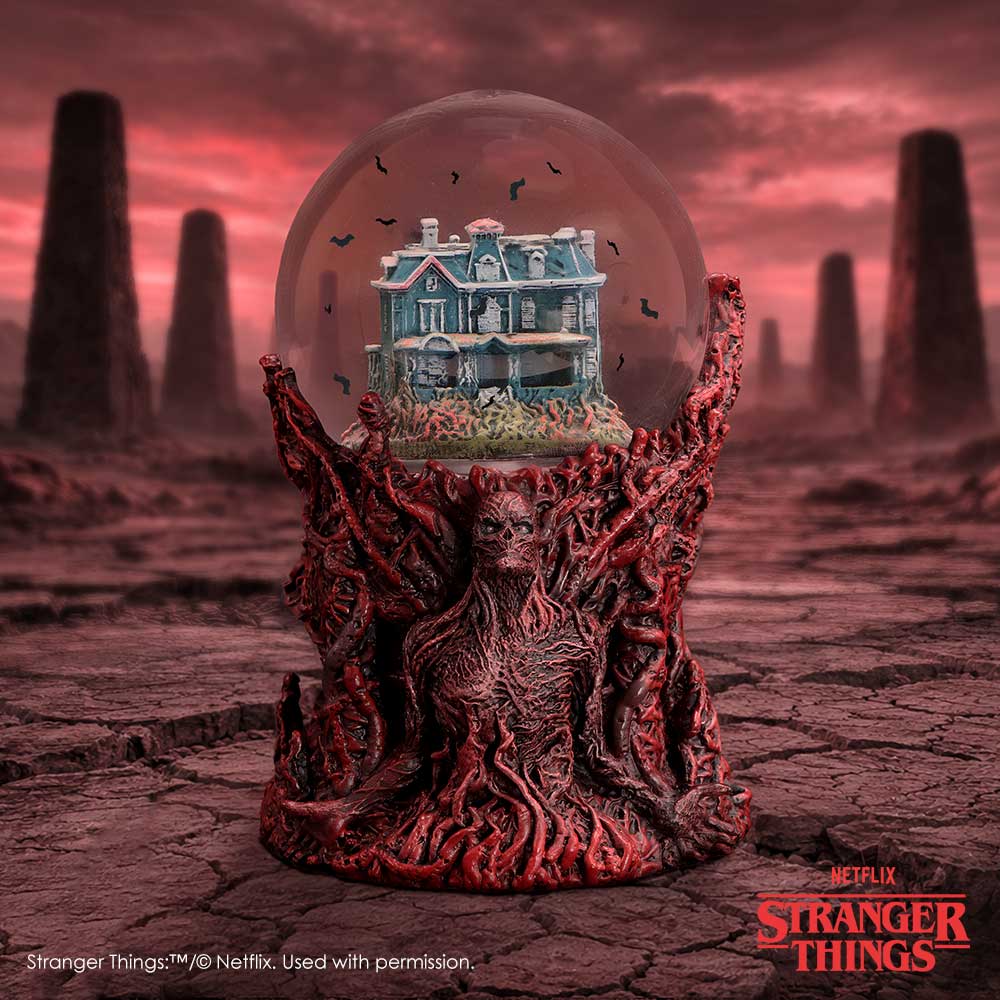Stranger Things Vecna motorized snow globe by Nemesis Now, featuring a detailed figure of Vecna inside a 17.7cm glass snow globe.