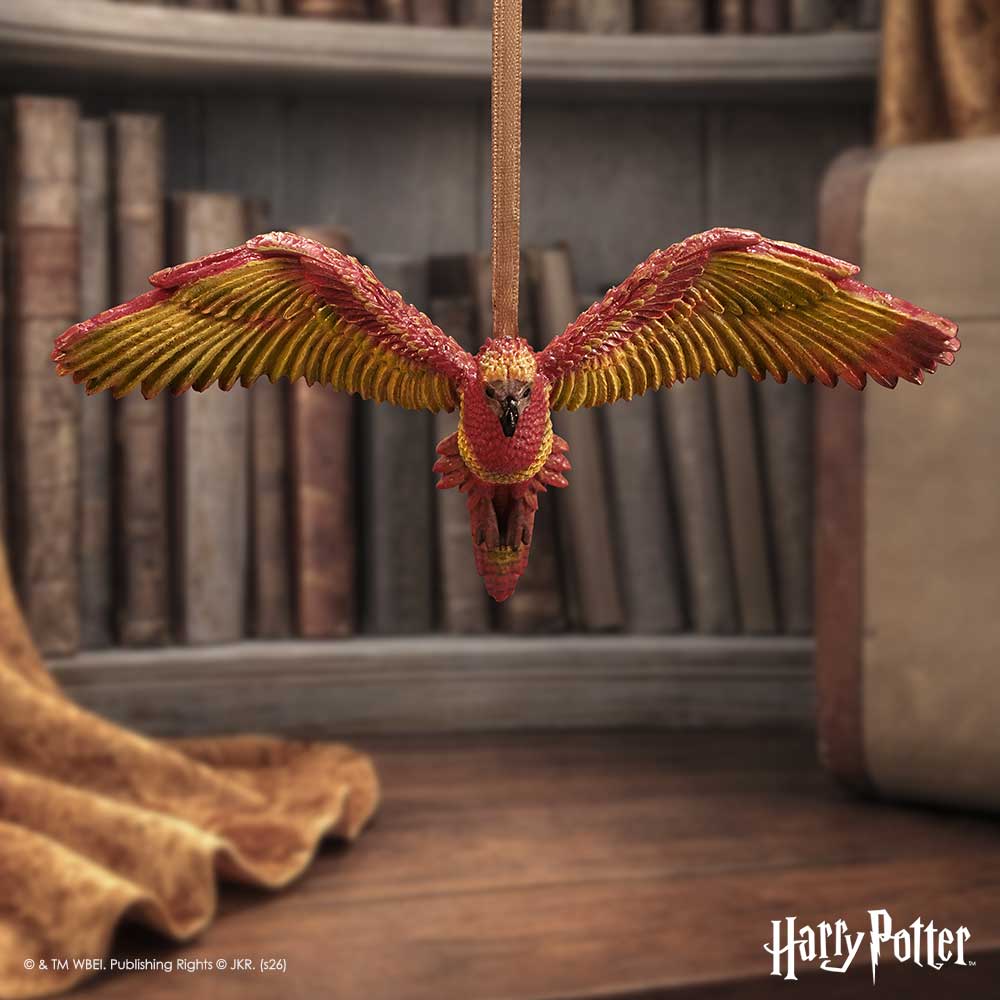 Harry Potter Fawkes hanging ornament by Nemesis Now, 8.2cm tall, featuring a detailed Fawkes the phoenix in flight design.
