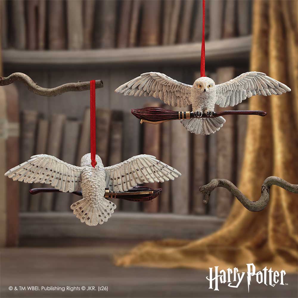Harry Potter Hedwig in flight hanging ornament by Nemesis Now, featuring detailed owl design and 5.4cm size.