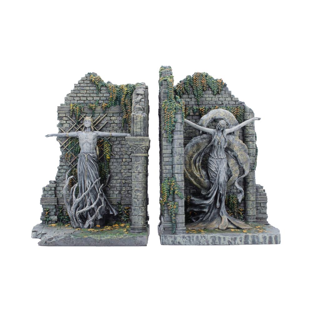 Nemesis Now Elden Ring Radagon and Queen Marika bookends, 19.8cm tall, featuring detailed fantasy character sculptures.