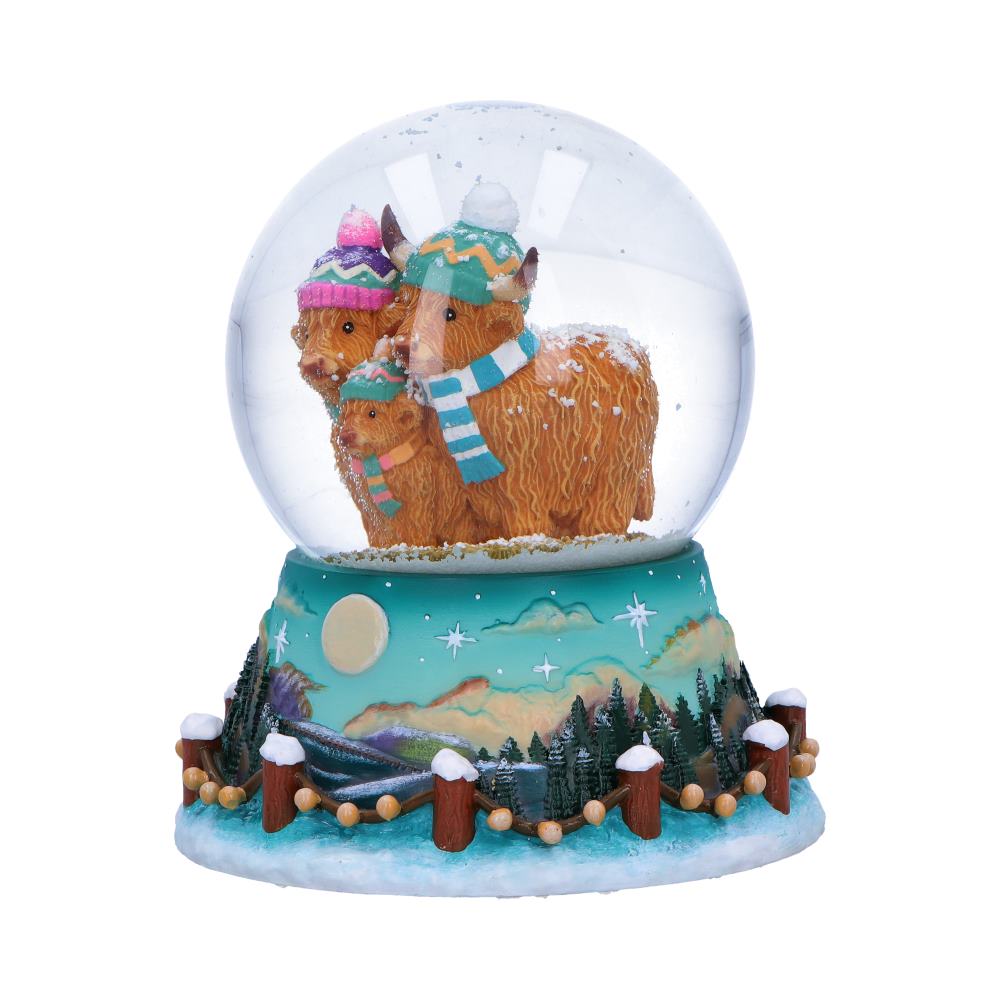 Winter Highland Cow snow globe by Nemesis Now, 13.7cm tall, featuring a Highland Cow scene inside a clear glass globe.