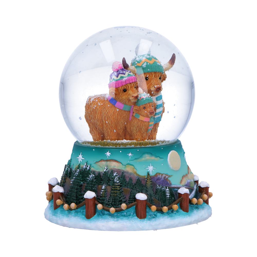 Winter Highland Cow snow globe by Nemesis Now featuring a detailed Highland cow figurine inside a 13.7cm glass globe.