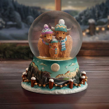 Winter Highland Cow snow globe by Nemesis Now, 13.7cm tall, featuring a Highland cow inside a snowy scene.