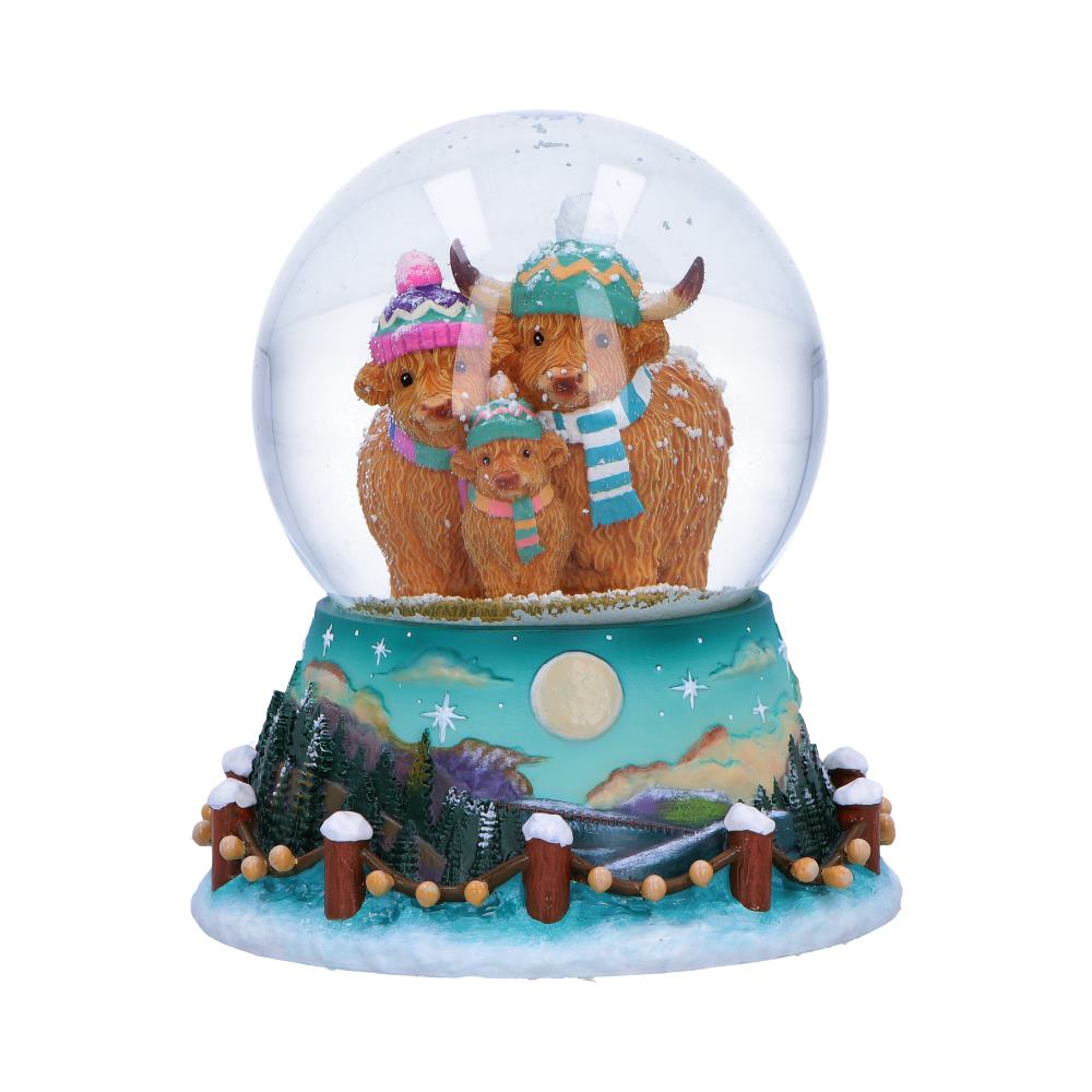 Winter Highland Cow snow globe by Nemesis Now, 13.7cm tall, featuring a Highland Cow inside a festive snow scene.