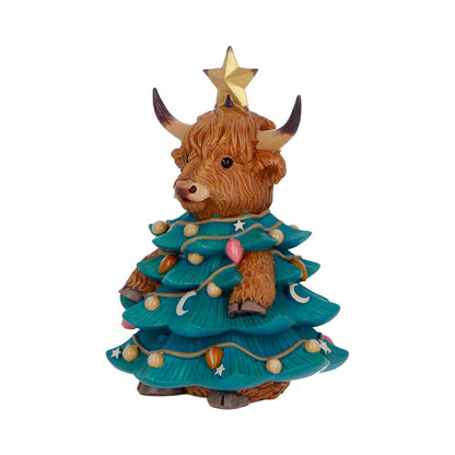 Winter Highland Cow Tree figurine by Nemesis Now, 13.5cm, featuring a detailed Highland cow design for festive décor.