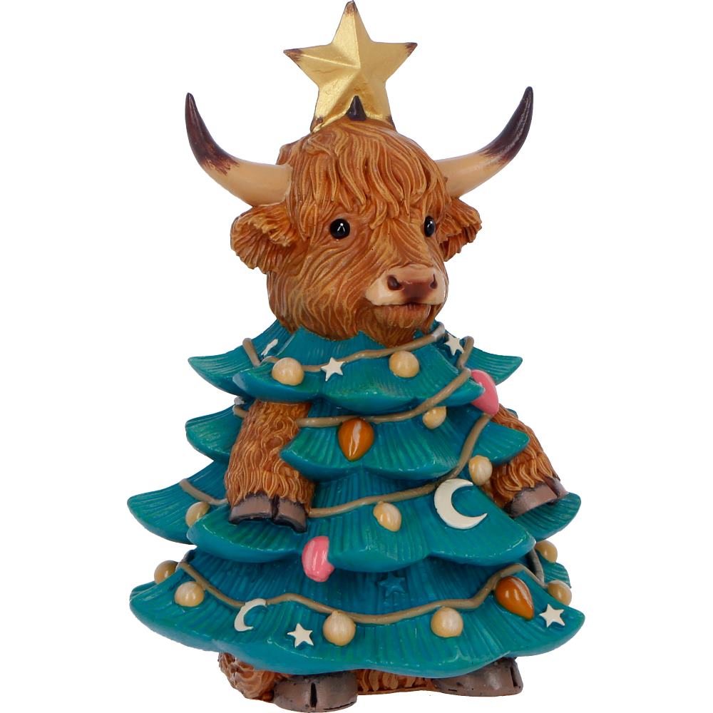 Winter Highland Cow Tree figurine by Nemesis Now, 13.5cm tall, featuring a detailed Highland cow design for festive decor.