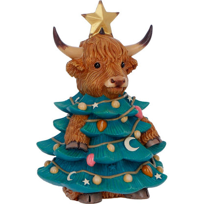 Winter Highland Cow Tree figurine by Nemesis Now, 13.5cm tall, featuring a detailed Highland cow design for festive decor.