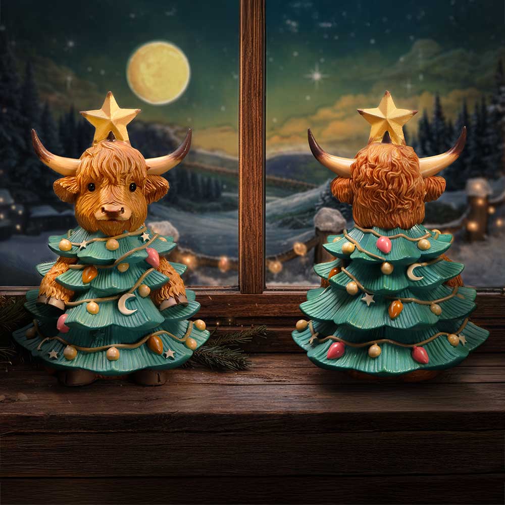 Winter Highland Cow Tree figurine by Nemesis Now, 13.5cm tall, featuring a detailed Highland cow design with winter-themed accents.