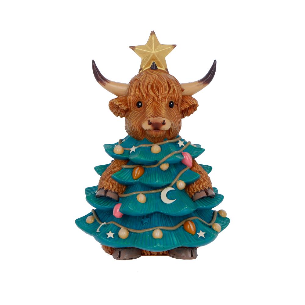 Winter Highland Cow tree figurine by Nemesis Now, a 13.5cm detailed ceramic sculpture featuring a Highland cow in winter attire.