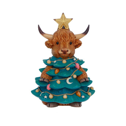 Winter Highland Cow tree figurine by Nemesis Now, a 13.5cm detailed ceramic sculpture featuring a Highland cow in winter attire.
