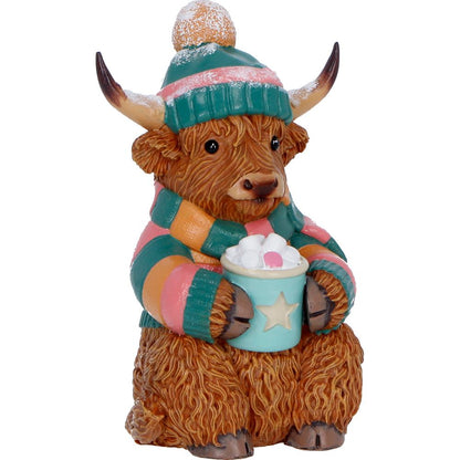 Winter Highland Cow Hot Cocoa figurine by Nemesis Now, 12.3cm tall, detailed Highland cow with hot cocoa mug, festive holiday decor.