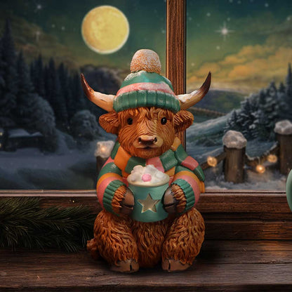 Winter Highland Cow Hot Cocoa figurine by Nemesis Now, 12.3cm ceramic sculpture with a Highland cow holding a hot cocoa mug.