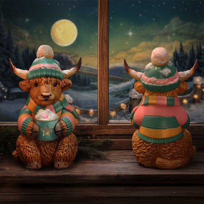 Nemesis Now Winter Highland Cow hot cocoa figurine, 12.3cm, detailed ceramic sculpture with festive winter design.