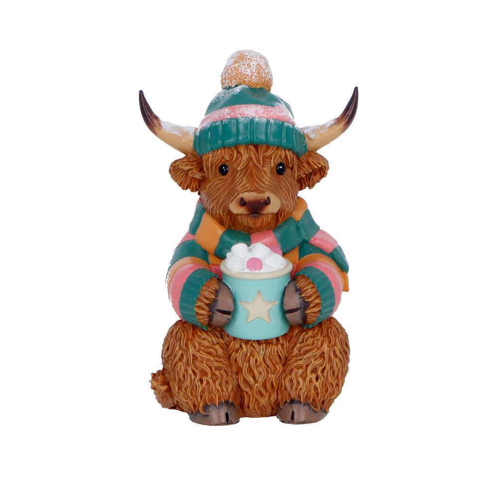 Winter Highland Cow hot cocoa figurine by Nemesis Now, 12.3cm tall, detailed Highland cow with hot cocoa mug, festive holiday decor.