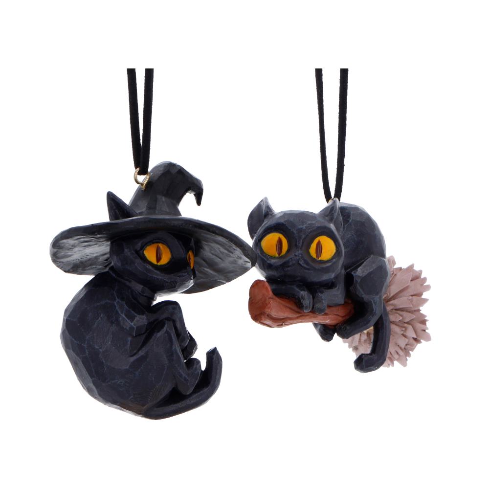 Two 7cm Curse and Claw Halloween Cats hanging ornaments by Nemesis Now, featuring spooky black cat designs with detailed faces.