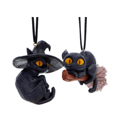 Two 7cm Curse and Claw Halloween Cats hanging ornaments by Nemesis Now, featuring spooky black cat designs with detailed faces.