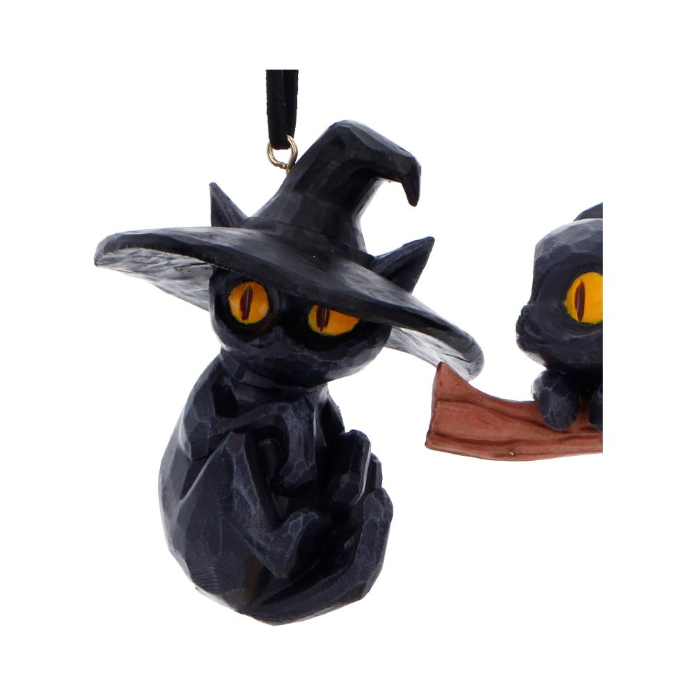 Set of two 7cm Curse and Claw Halloween cats hanging ornaments by Nemesis Now, featuring spooky cat designs with hanging loops.