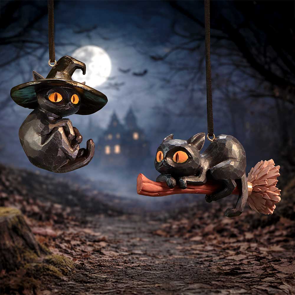 Set of two Curse and Claw Halloween cats hanging ornaments, 7cm, featuring spooky black feline designs by Nemesis Now.