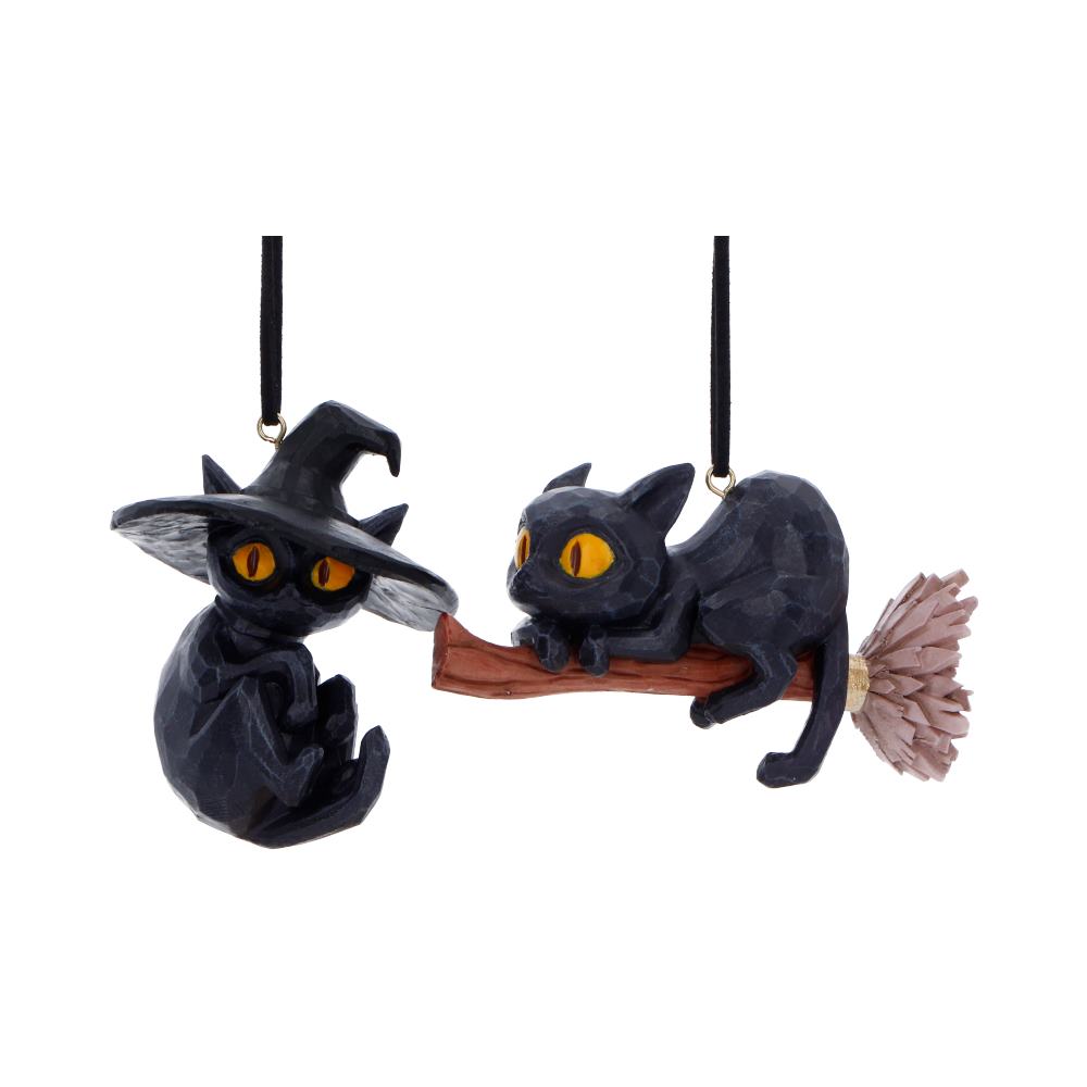 Set of two Curse and Claw Halloween cats hanging ornaments by Nemesis Now, 7cm tall, featuring spooky cat designs.