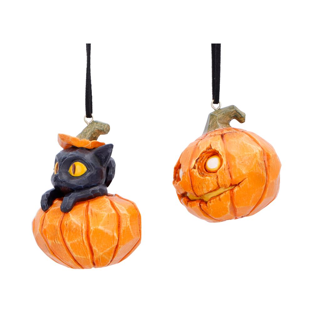 Set of two Halloween hanging ornaments featuring pumpkin and patch designs by Nemesis Now, each measuring 7.7cm.