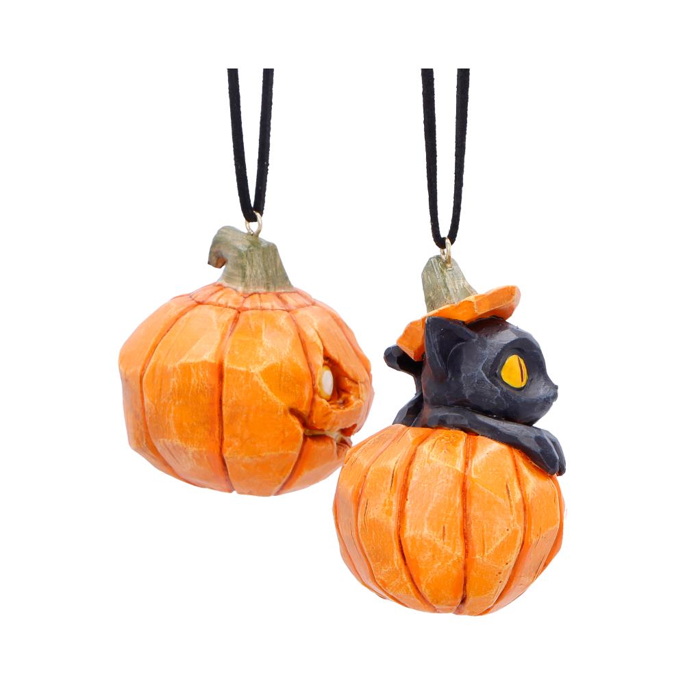 Set of two Pumpkin and Patch Halloween hanging ornaments by Nemesis Now, featuring festive orange and black designs, 7.7cm tall.