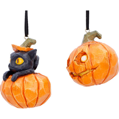 Set of two Pumpkin and Patch Halloween hanging ornaments by Nemesis Now, featuring festive 7.7cm decorative hanging decorations.