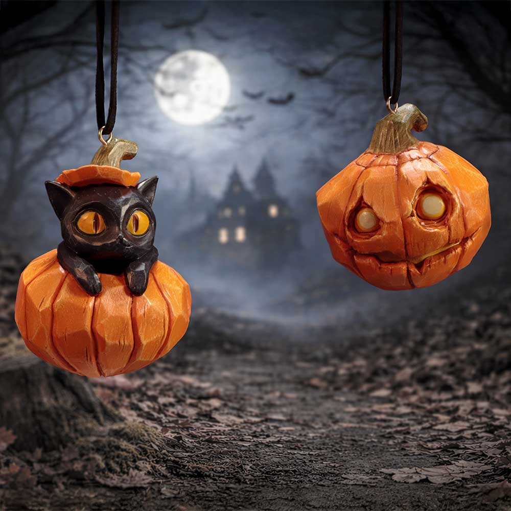 Nemesis Now Halloween hanging ornaments set featuring two 7.7cm pumpkin and patch themed decorations.