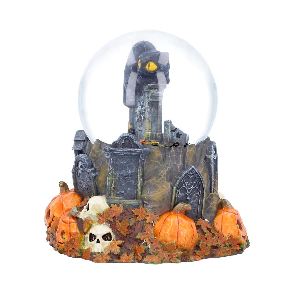 Nemesis Now Pumpkin Patch Halloween cat snow globe featuring a festive autumn scene with a black cat and pumpkin decorations.