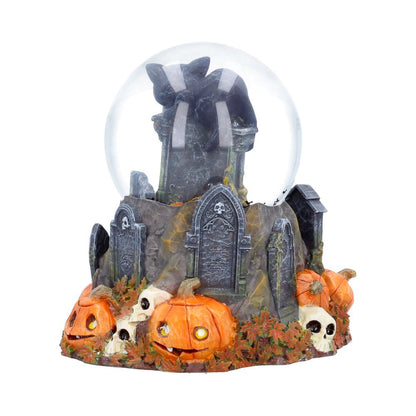 Pumpkin Patch Halloween cat snow globe by Nemesis Now featuring a festive scene with a black cat and pumpkin accents.