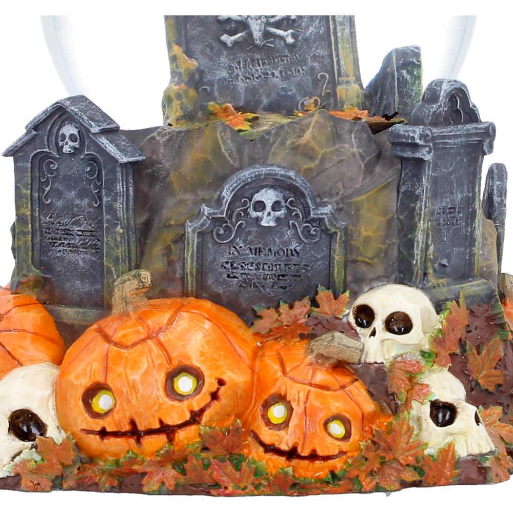 Pumpkin Patch Halloween cat snow globe by Nemesis Now featuring a festive pumpkin and cat scene, 15.4cm tall.