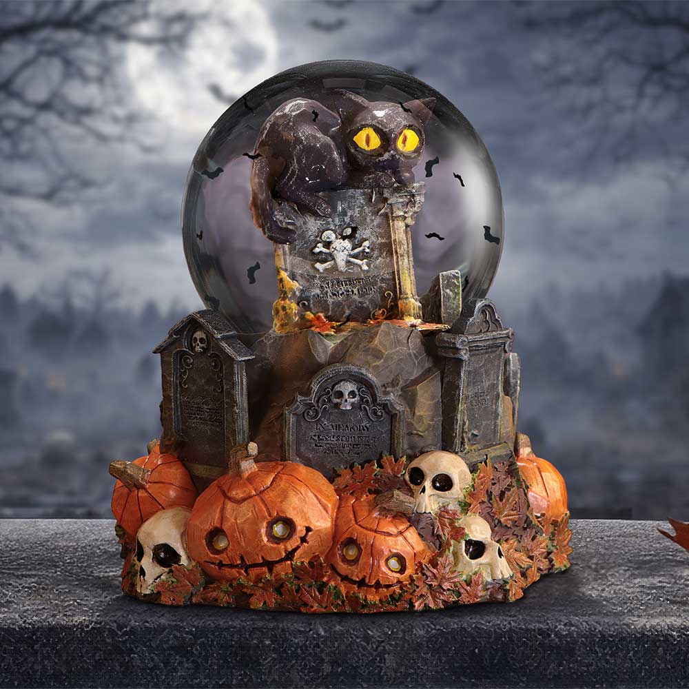 Pumpkin Patch Halloween cat snow globe by Nemesis Now featuring a festive Halloween scene with a sitting black cat inside.