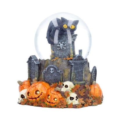 Pumpkin Patch Halloween cat snow globe by Nemesis Now featuring a festive autumn scene with a cat and pumpkins, 15.4cm tall.