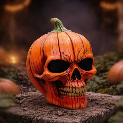 Nemesis Now Pumpkin Skull figurine, 17.5cm Halloween decoration with a spooky carved pumpkin skull design.