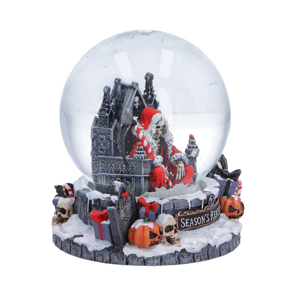 Nemesis Now Silent Nightmares Seasons Reapings snow globe featuring a detailed winter scene with spooky Nightmare-themed elements.