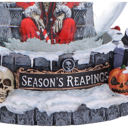 Nemesis Now Silent Nightmares Seasons Reapings snow globe featuring dark, eerie winter scene with detailed figures and snowy landscape.